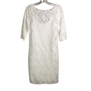 Three Dots Dress Womens Size Small White 3/4 Sleeve Lace Lined Fitted Party‎